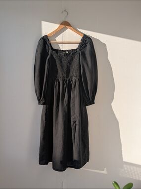 J. Crew 100% Linen Daydream Puff Sleeve Smocked bodice Midi Dress Black Size XS